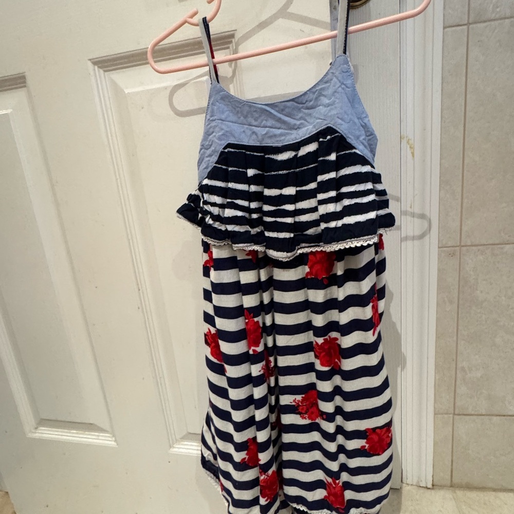 Italian Made-Striped blue, white Dress w/ Red Floral Accents(fits like US 3-4T)